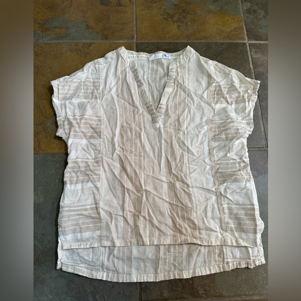 Sigrid Olsen 100% Linen Collar Stripe Short Sleeve Shirt Tan/White Size XS